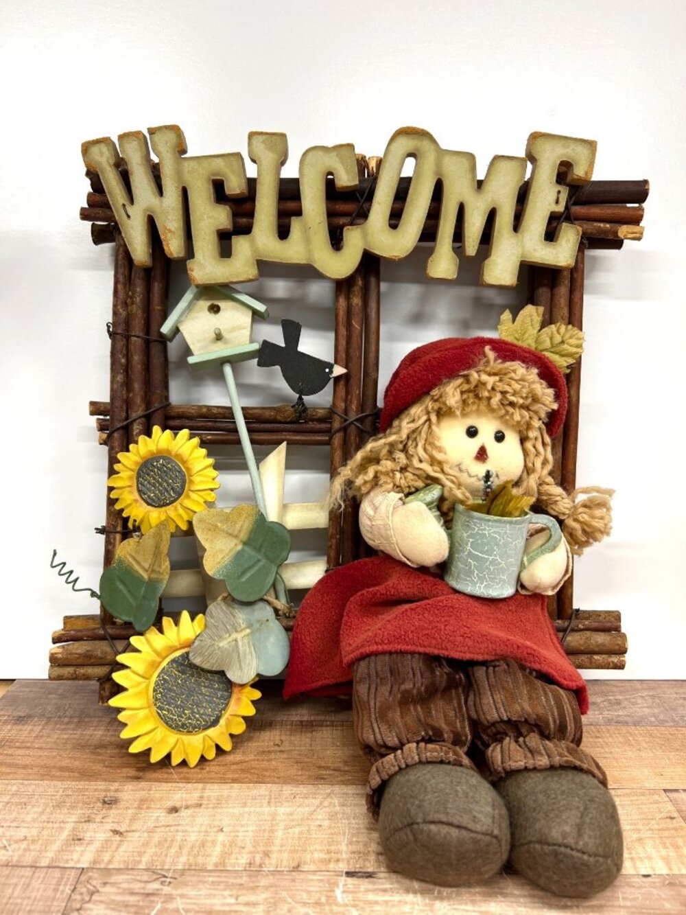 Rustic Welcome Wall Decor With Scarecrow Sunflowers & Birdhouse For Fall
